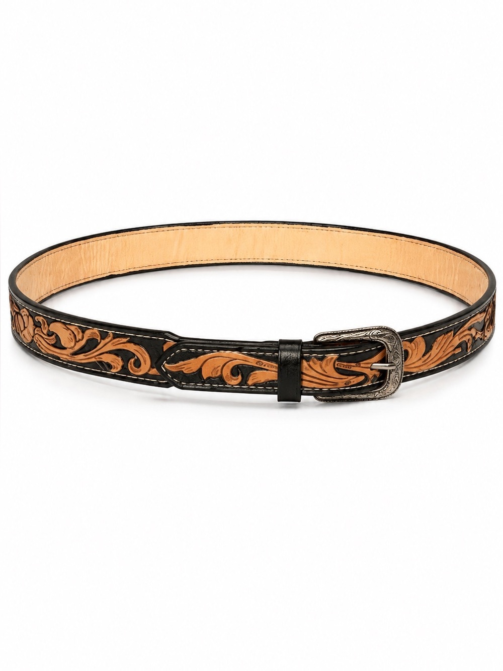 Tooled Leather Belt - Black Tan handmade